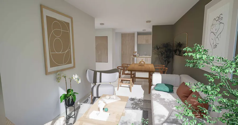 Sala comedor con la cocina al fondo