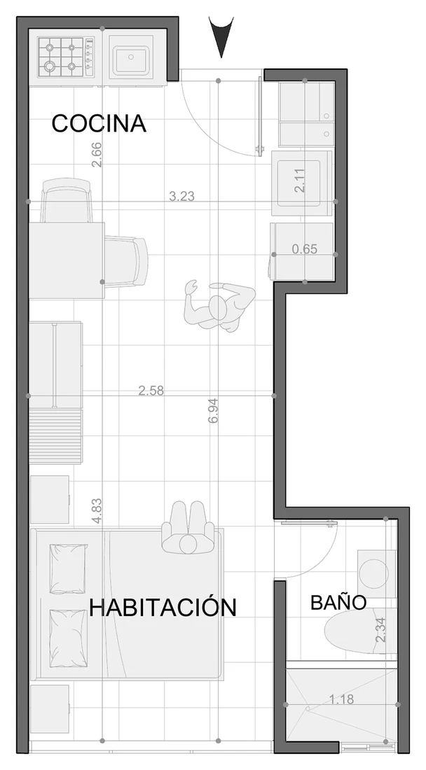 Plano del apartaestudio: cocina, sala comedor, habitación y baño