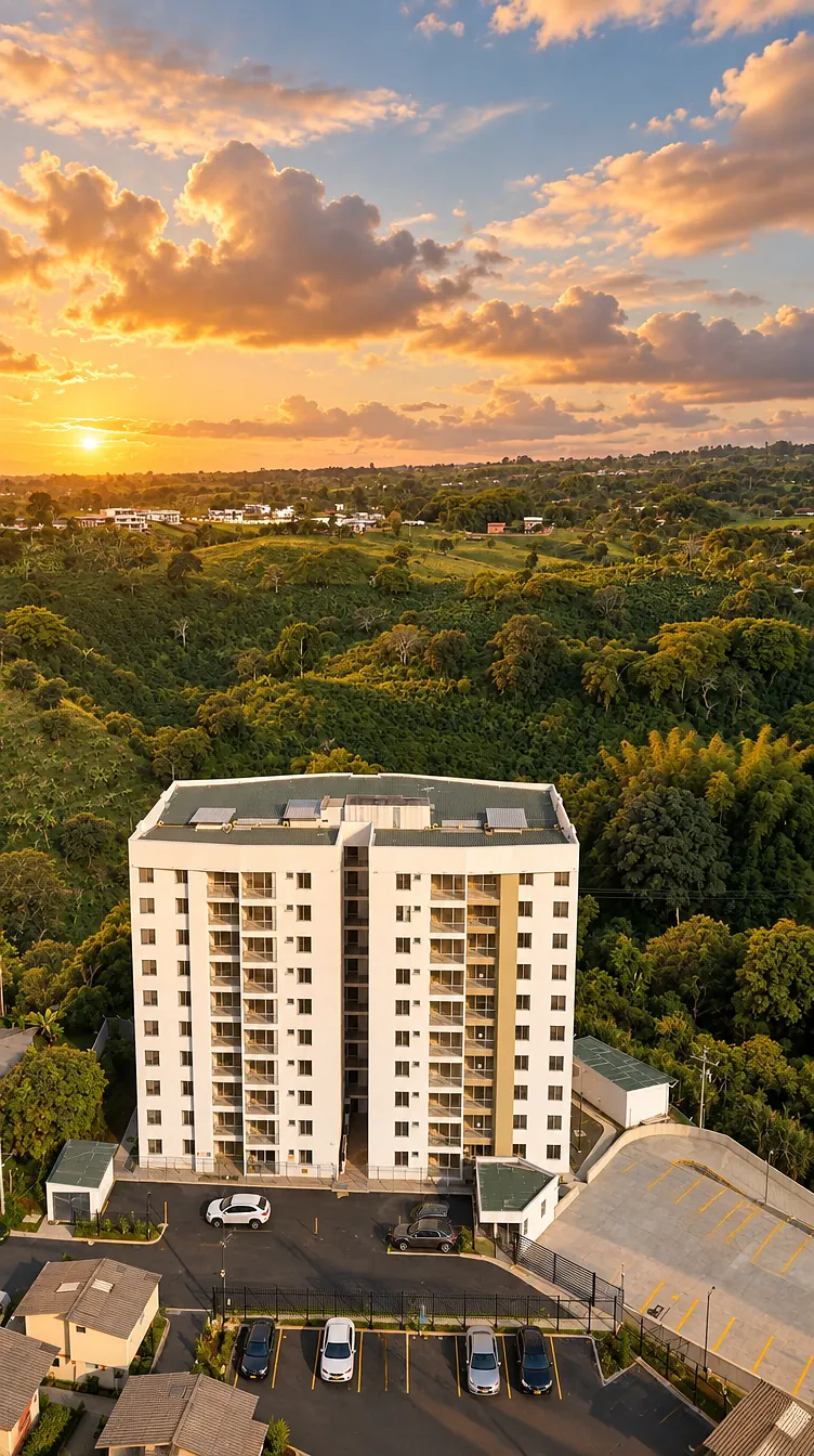 Vista aérea de la torre Alegranza al atardecer, rodeada de cafetales