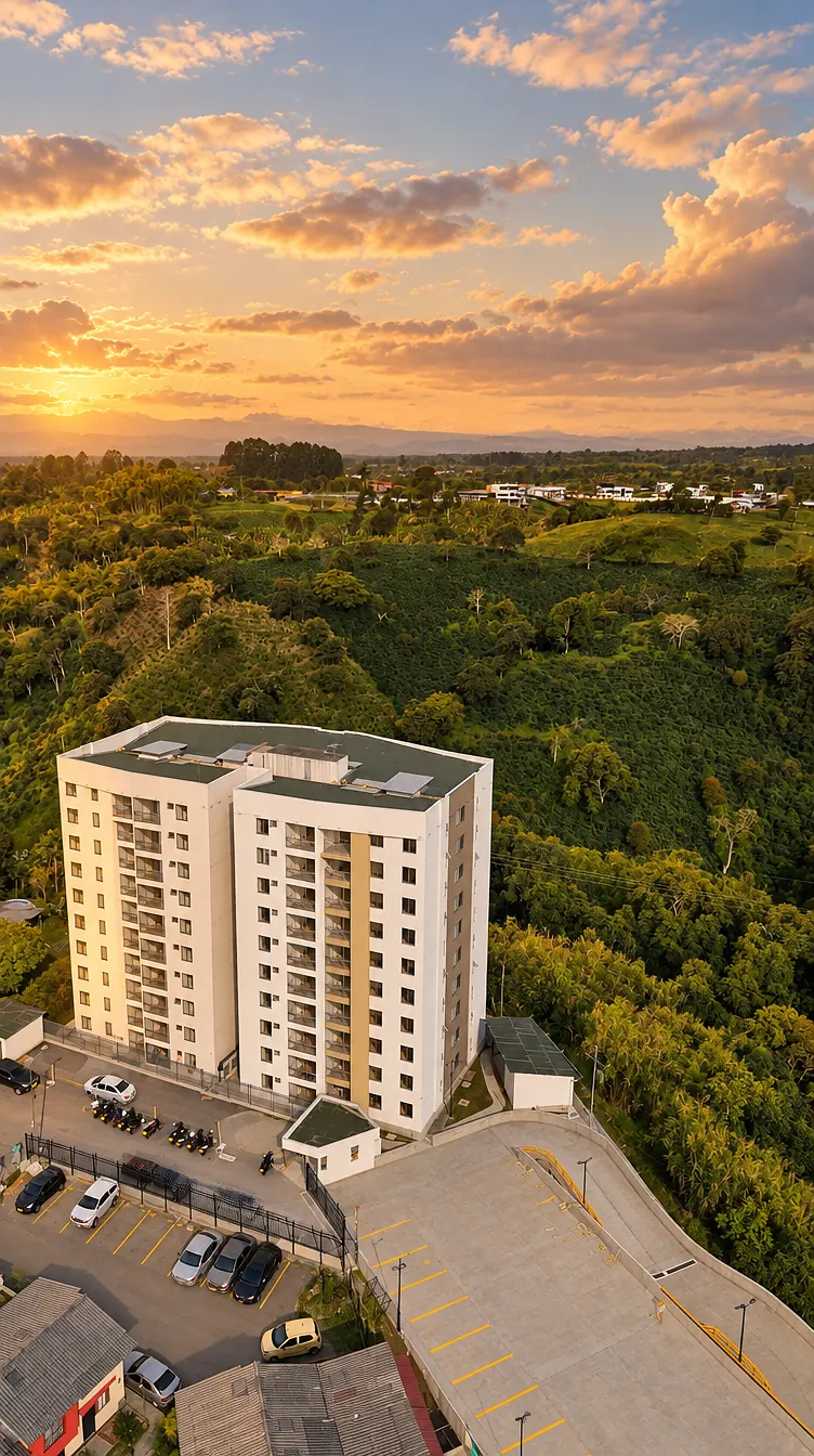 Vista aérea de la torre Alegranza al atardecer, con su parqueadero y los cafetales alrededor